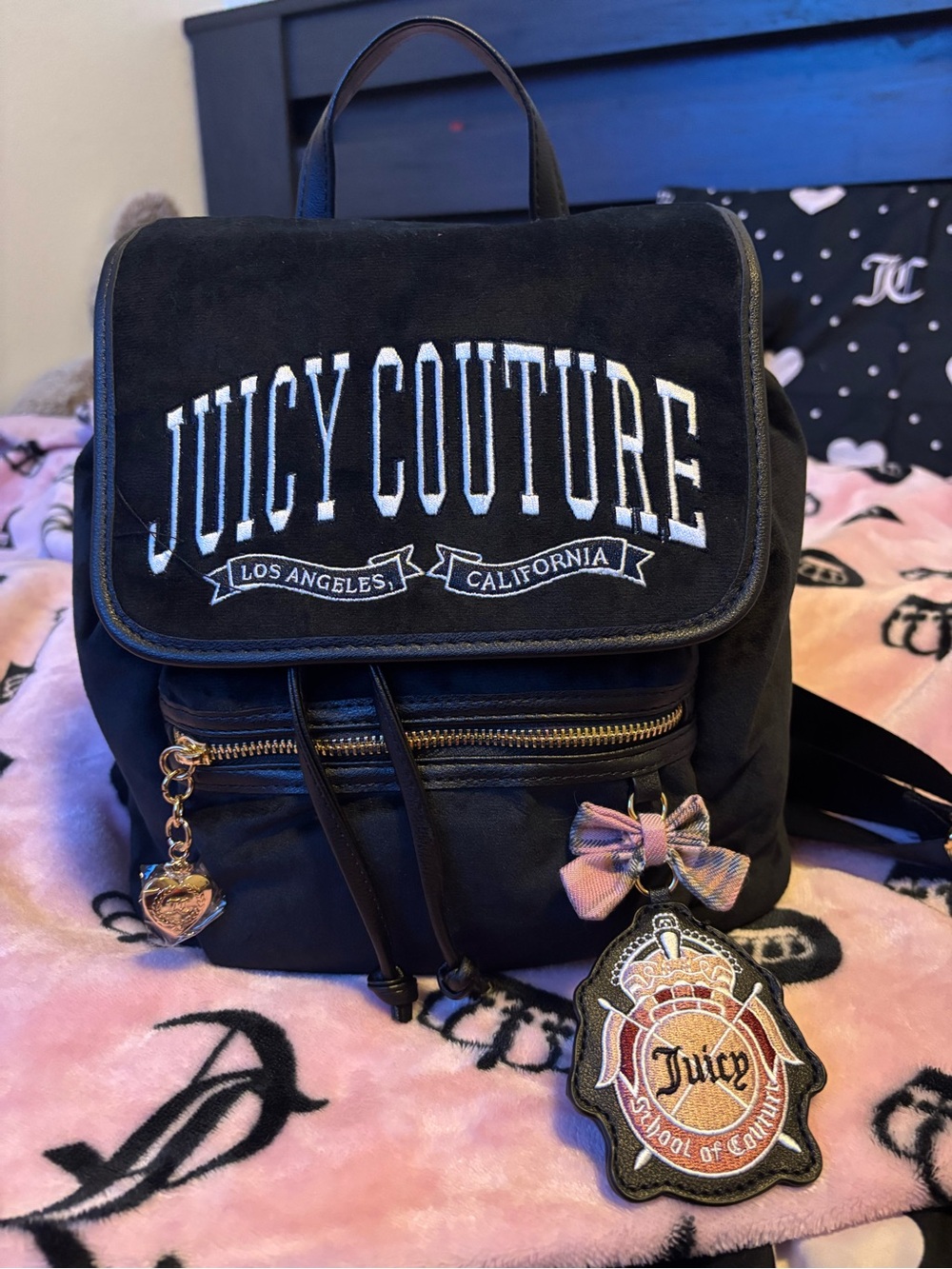 Juicy Couture Black Mini Backpack with Logo Patch and Charm